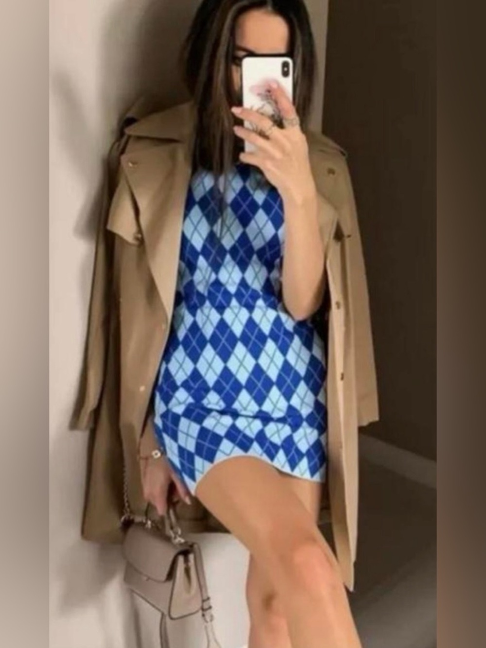 ZARA Blue Argyle Pattern Knit DRESS - Picture 1 of 6
